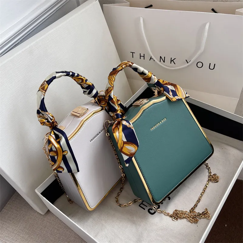 Women Fashion Silk Scarf Decorative Buckle Design PU Square Crossbody Bag