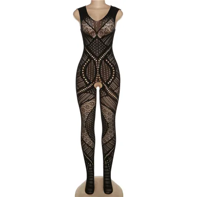 Women's Sexy Sling Low Cut Perspective Mesh Lace Tight High Waist Jumpsuit