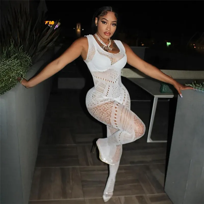 Women's Sexy Sling Low Cut Perspective Mesh Lace Tight High Waist Jumpsuit