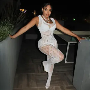 Women's Sexy Sling Low Cut Perspective Mesh Lace Tight High Waist Jumpsuit