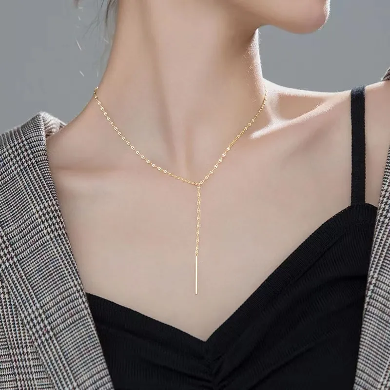 Women's 925 Sterling Silver Gold Tassel Geometric Clavicle Chain Necklace