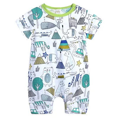 Baby Bodysuit Slub Cotton Short Sleeve Animal Print Romper Unisex Pullover Summer