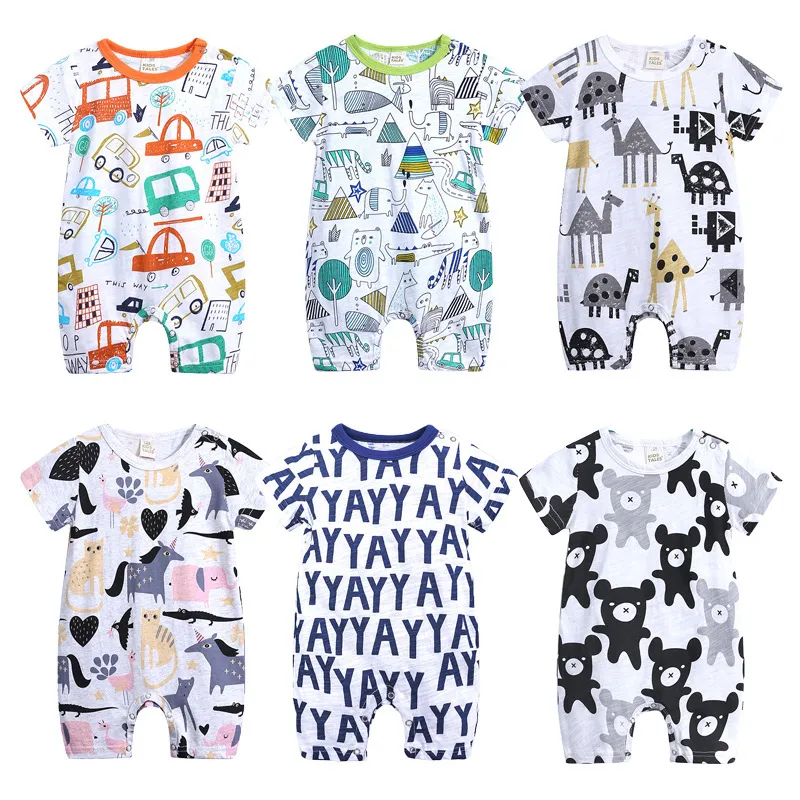 Baby Bodysuit Slub Cotton Short Sleeve Animal Print Romper Unisex Pullover Summer