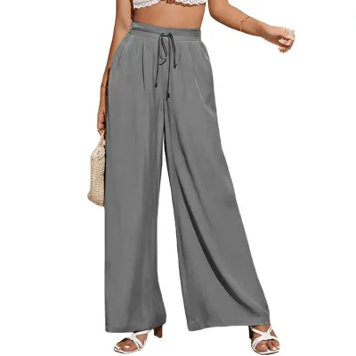 Women High Waist Casual Trousers Solid Color Elastic Waist Tie Loose Wide Leg Pants