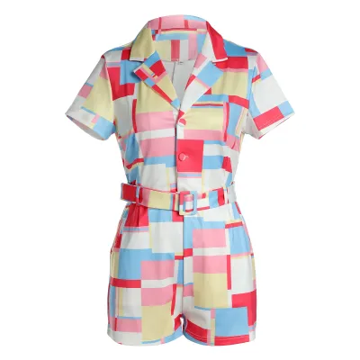 Women Lapel Plaid Print Contrast Color Jumpsuit Romper