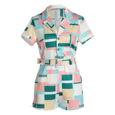 Women Lapel Plaid Print Contrast Color Jumpsuit Romper