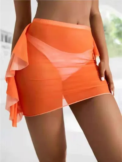 Women Mesh Ruffled Skirt Swimwear Cover-Up Solid Color Sexy Summer