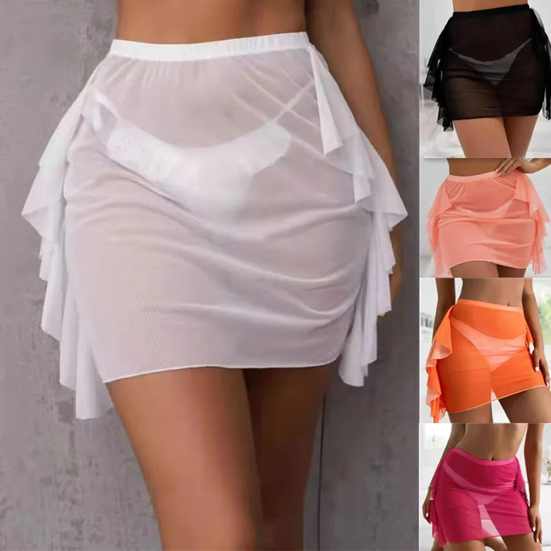 Women Mesh Ruffled Skirt Swimwear Cover-Up Solid Color Sexy Summer