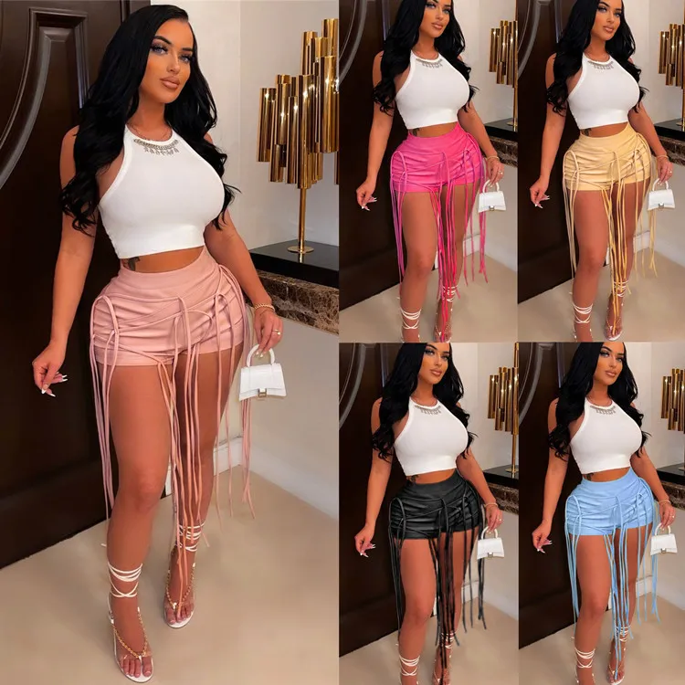 Women Sexy PU Leather Tassel Low Waist Solid Color Shorts