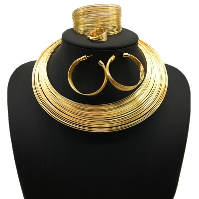 Women Fashion Exaggerated Alloy Multifilament Necklace Earrings Bracelet 4 Piece Set