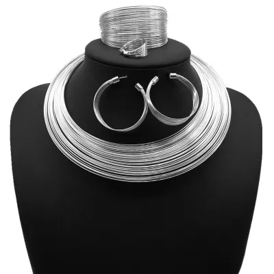 Women Fashion Exaggerated Alloy Multifilament Necklace Earrings Bracelet 4 Piece Set