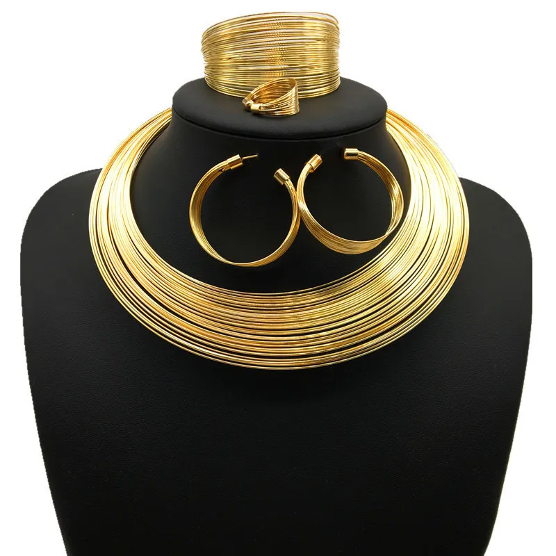 Women Fashion Exaggerated Alloy Multifilament Necklace Earrings Bracelet 4 Piece Set
