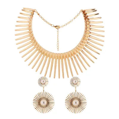 Women Fashion Exaggerated Blossom Sun Alloy Choker Earrings Set with Imitation Pearls