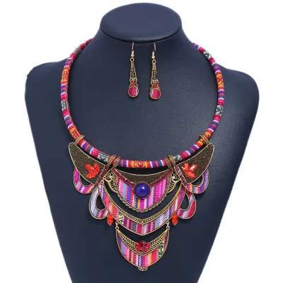 Women Vintage Cloth Earrings Necklace 2 Piece Set