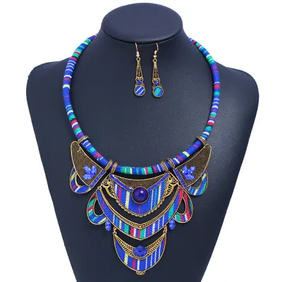 Women Vintage Cloth Earrings Necklace 2 Piece Set