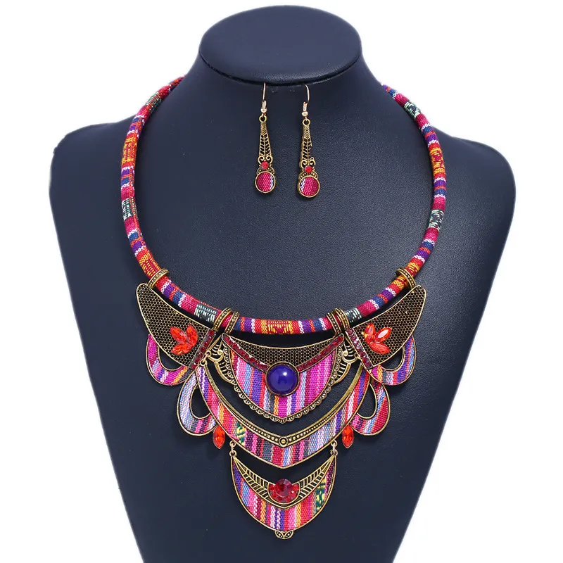Women Vintage Cloth Earrings Necklace 2 Piece Set