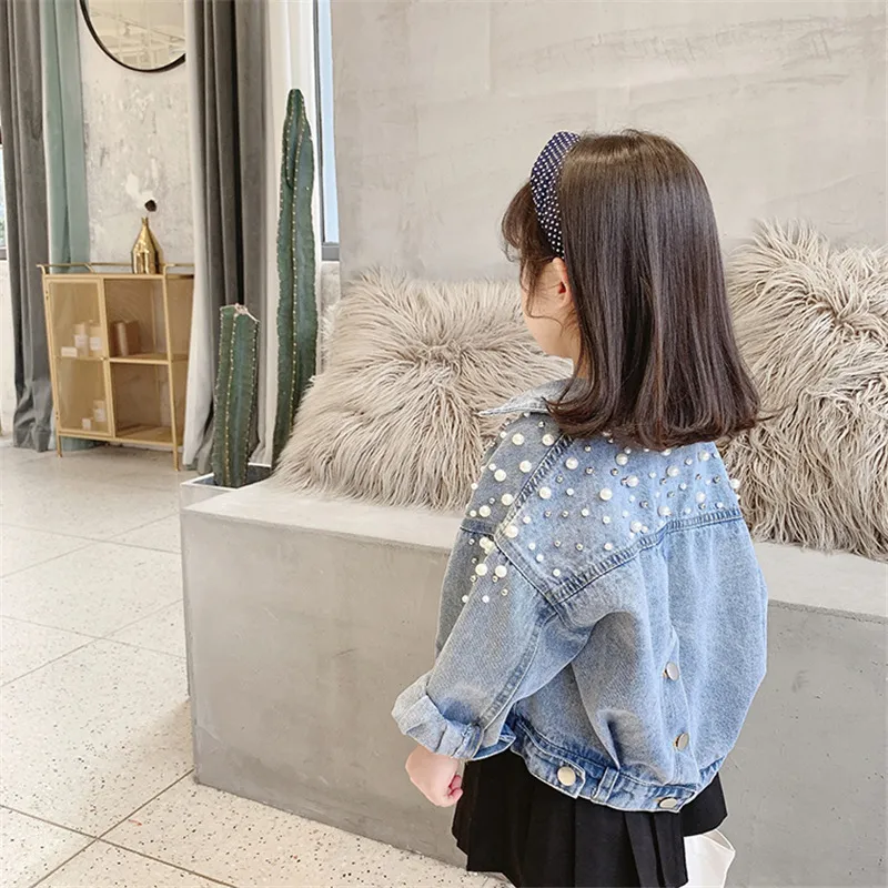 Kids Girl Fashion Pearl Embellished Denim Jacket Long Sleeves Cotton Lapel Single-Breasted