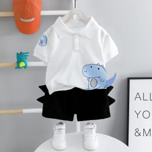 Kids Boy Polo Shirt Shorts Two-Piece Set Cartoon Cotton Print Pullover Short Sleeve Baby Boys Clothing(0-3T)