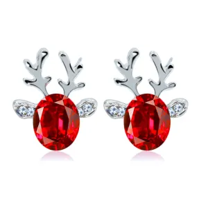 Women Fashion Crystal Jewel Antlers 3D Christmas Reindeer Stud Earrings