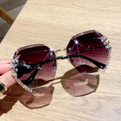 Women Retro Rimless Rhinestone Sunglasses UV400 Lens Gradient