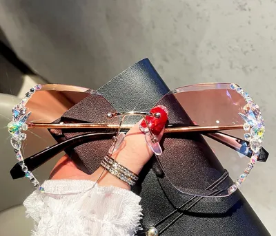 Women Retro Rimless Rhinestone Sunglasses UV400 Lens Gradient