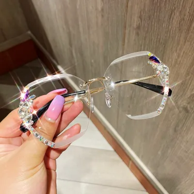 Women Retro Rimless Rhinestone Sunglasses UV400 Lens Gradient