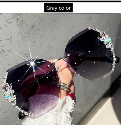 Women Retro Rimless Rhinestone Sunglasses UV400 Lens Gradient