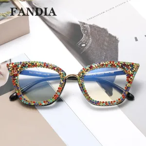 Women Fashion Cat Eye Diamond Frame Blue Light Blocking Sunglasses