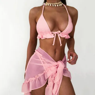 Women Halterneck Lace Pleated Mesh Skirt Bikini Set