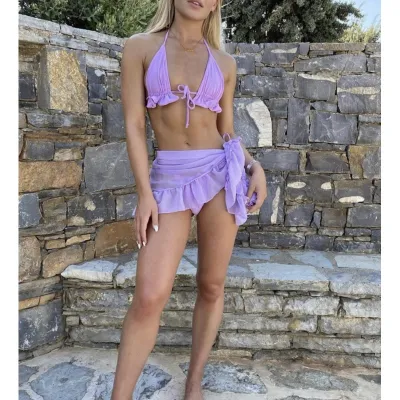 Women Halterneck Lace Pleated Mesh Skirt Bikini Set
