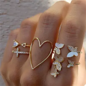 Women's Simple Cross Triangle Heart Hollow Full Diamond Oil Butterfly 5 Piece Set Ring