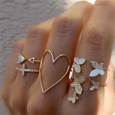 Women's Simple Cross Triangle Heart Hollow Full Diamond Oil Butterfly 5 Piece Set Ring