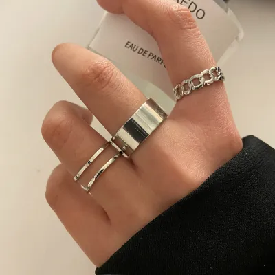Women Fashion Simple C-Shaped Alloy Wide Face Open 3 Piece Set Rings