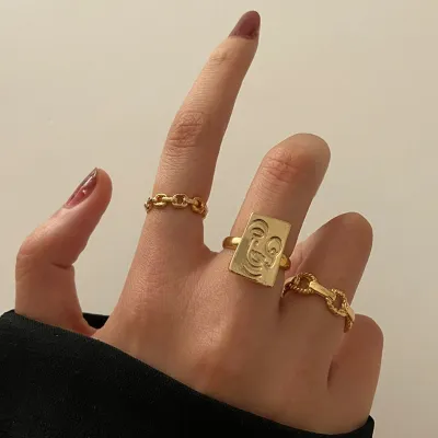 Women Fashion Simple C-Shaped Alloy Wide Face Open 3 Piece Set Rings