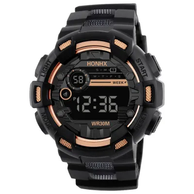 Men Fashion Sports Digital Electronic Watch Anti-Drop Mirror Multi-Function PVC Strap Round Dial 50mm