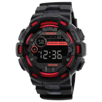 Men Fashion Sports Digital Electronic Watch Anti-Drop Mirror Multi-Function PVC Strap Round Dial 50mm
