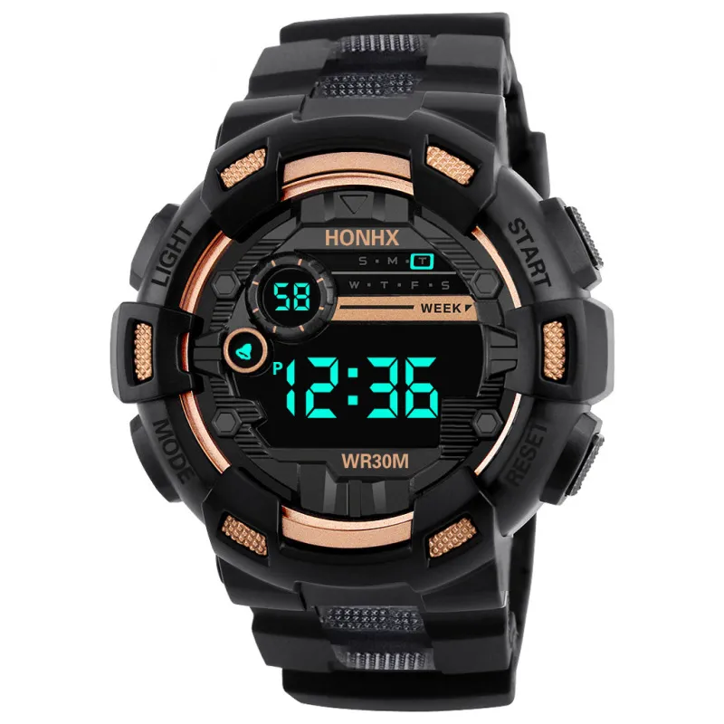 Men Fashion Sports Digital Electronic Watch Anti-Drop Mirror Multi-Function PVC Strap Round Dial 50mm
