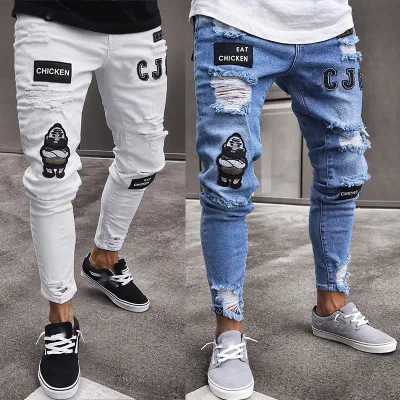 Men Fashion Casual Personality Ribbon Straight Ripped Jeans