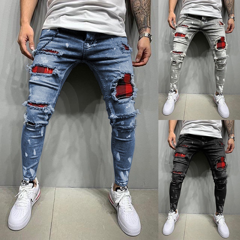 Wholesale Men Fashion Ripped Paint Print Mid Rise Skinny Jogger Jeans