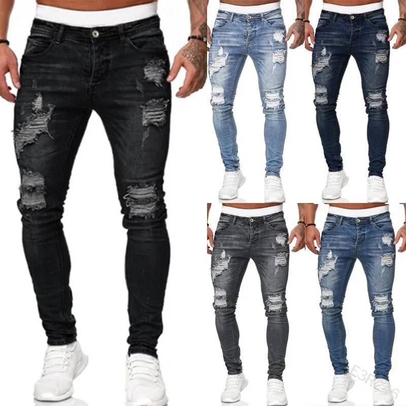 Men Fashion Ripped Mid Waist Slim Denim Jeans