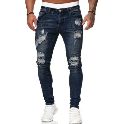 Men Fashion Ripped Mid Waist Slim Denim Jeans