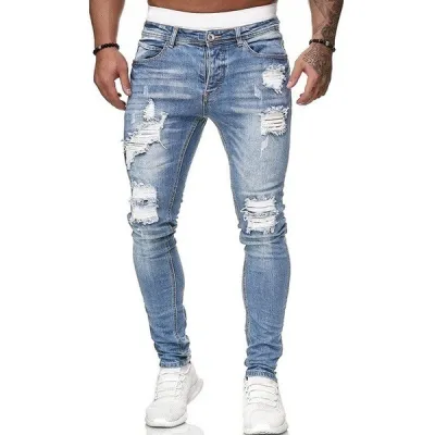 Men Fashion Ripped Mid Waist Slim Denim Jeans
