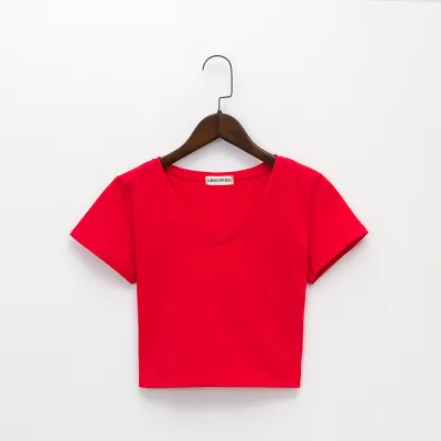 Women Basic Edgy Short-sleeved V Neck Summer Solid Color Crop Top