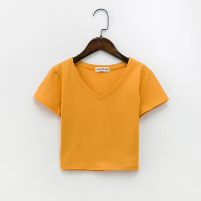 Women Basic Edgy Short-sleeved V Neck Summer Solid Color Crop Top