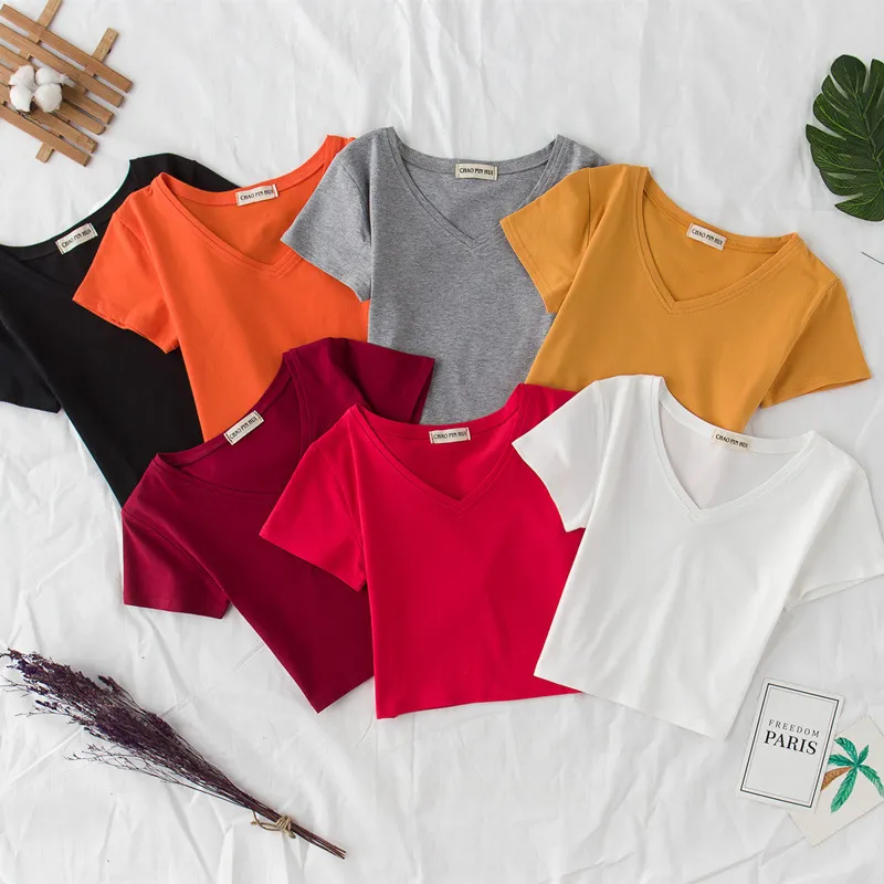 Women Basic Edgy Short-sleeved V Neck Summer Solid Color Crop Top