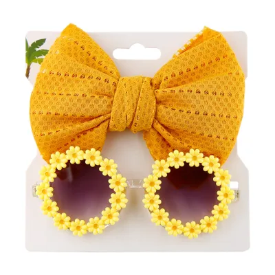 Kids Sunflower Sunglasses and Solid Color Cutout Hairband Headband Combination Set for Girls