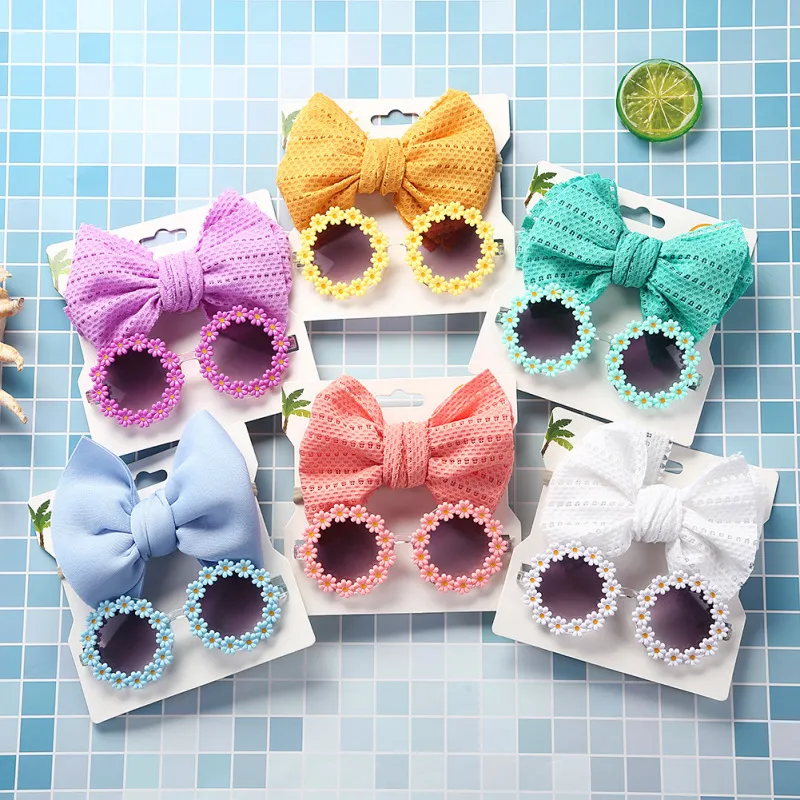 Kids Sunflower Sunglasses and Solid Color Cutout Hairband Headband Combination Set for Girls
