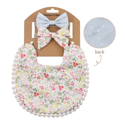 Baby Check Print Linen Cotton Reversible Bib & Headband Set