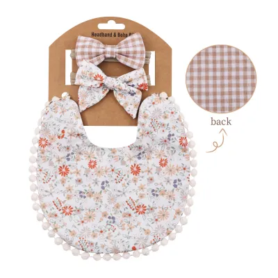 Baby Check Print Linen Cotton Reversible Bib & Headband Set