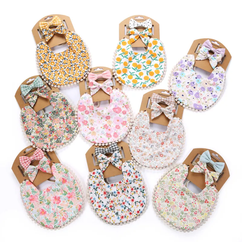 Baby Check Print Linen Cotton Reversible Bib & Headband Set